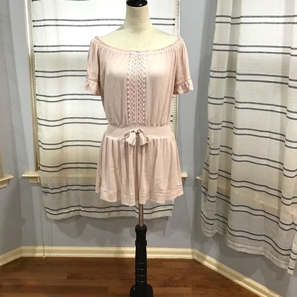 Ocean Drive Women Size Med Baby Pink Off Shoulder Eyelet Crochet Mini Dress Boho - Picture 1 of 11